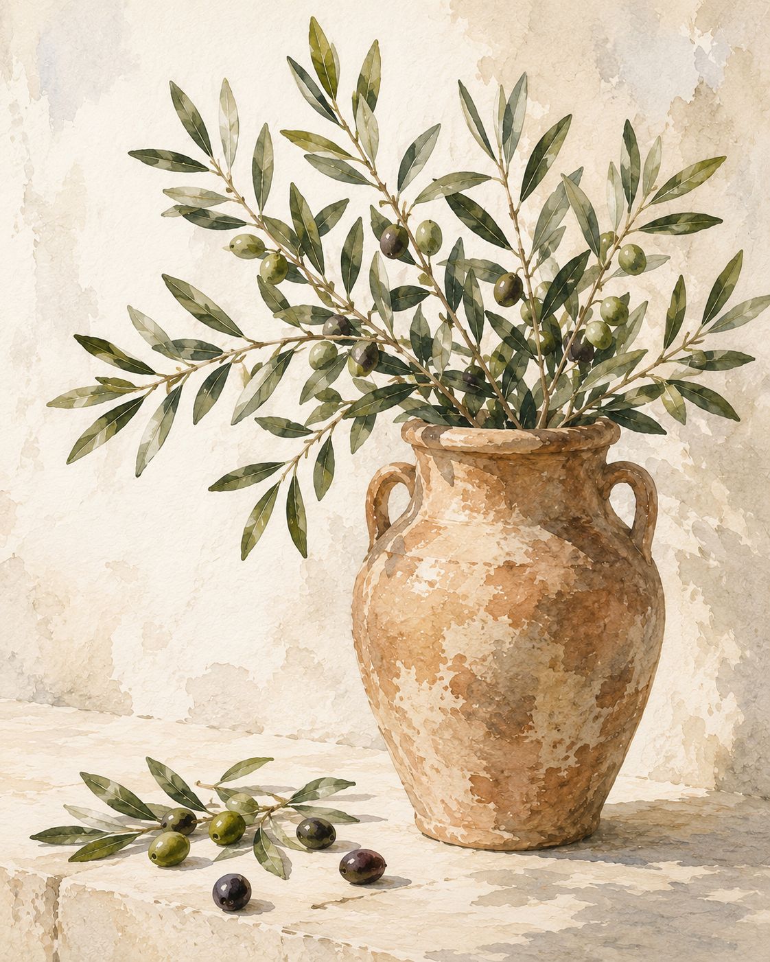 Clay Vase with Olive Branches Watercolor Print